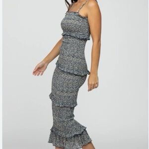 NWOT MABLE  Blue and White Ruffle Dress Bodycon Midi Dress Summer Beach Vacation